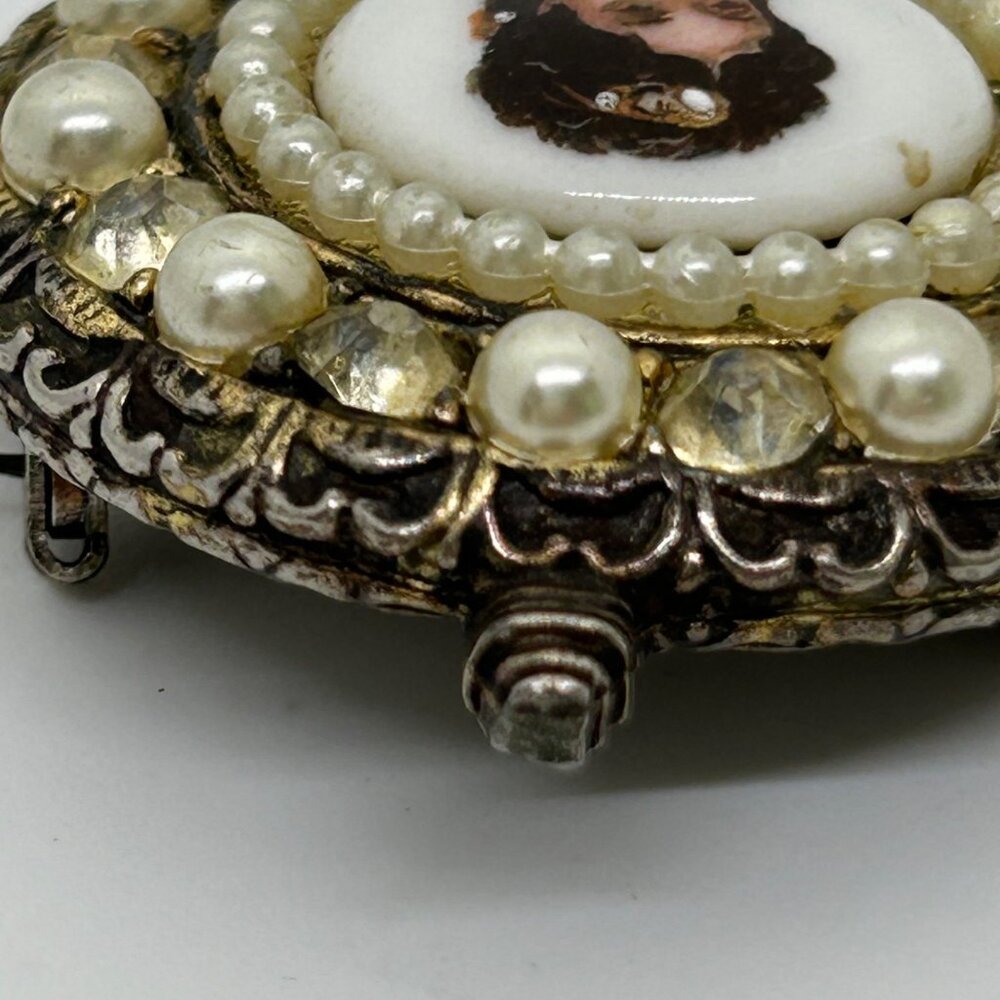 Vintage Limoges Porcelain Cameo Brooch Faux Pearls Rhinestones Hand Painted READ - Picture 15 of 16